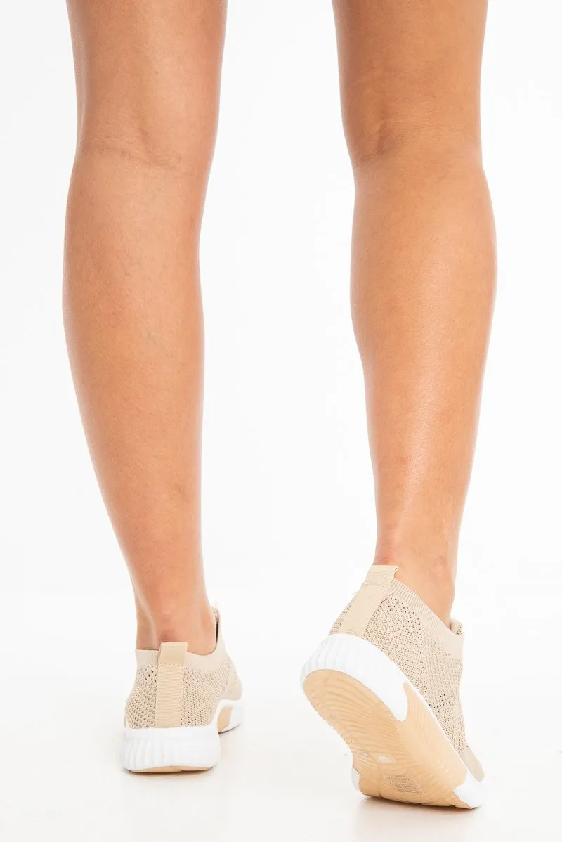 Beige Sock Fit Slip On Lace Trainers - Aleya