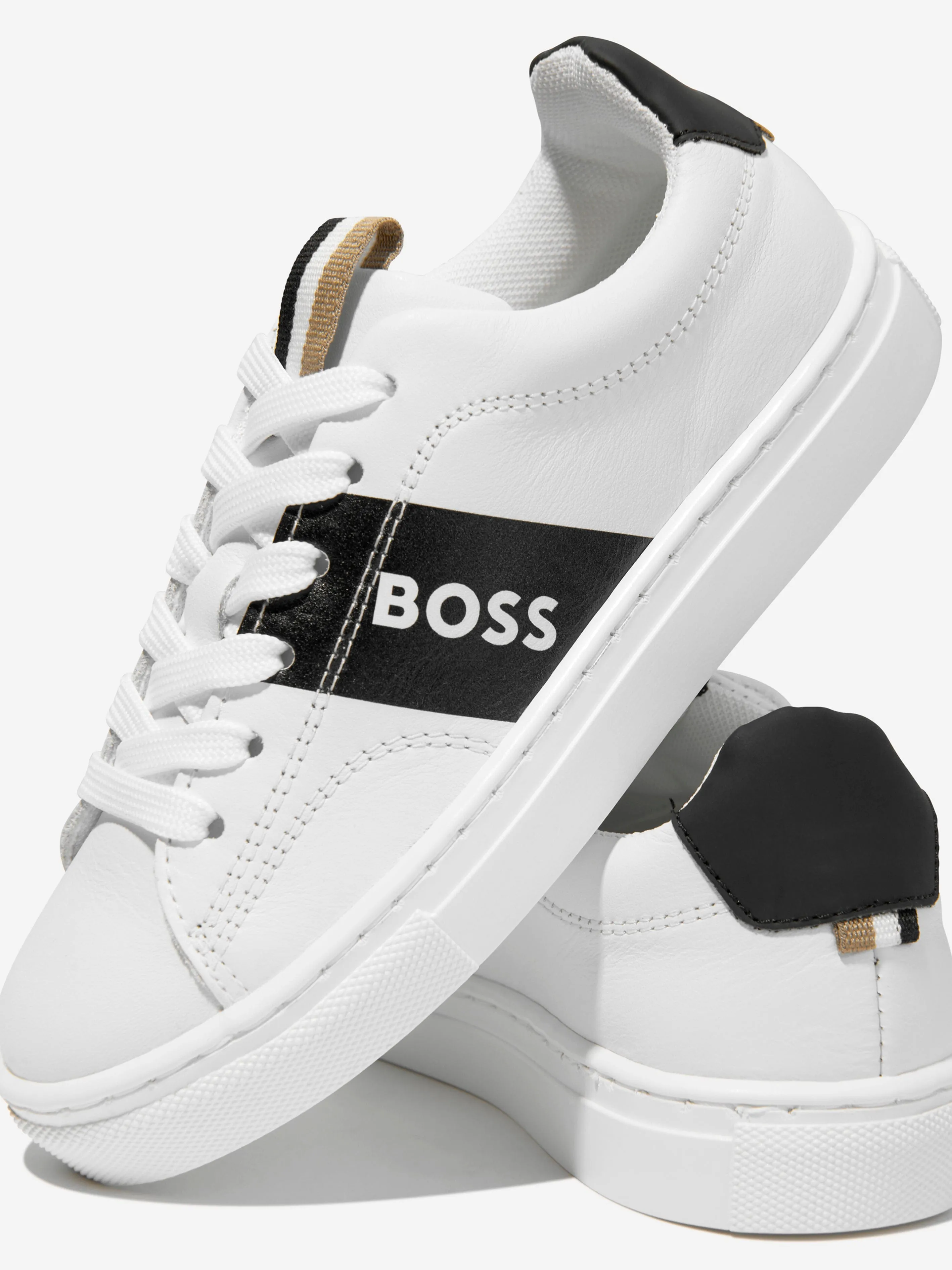 BOSS Boys Leather Logo Trainers in Black