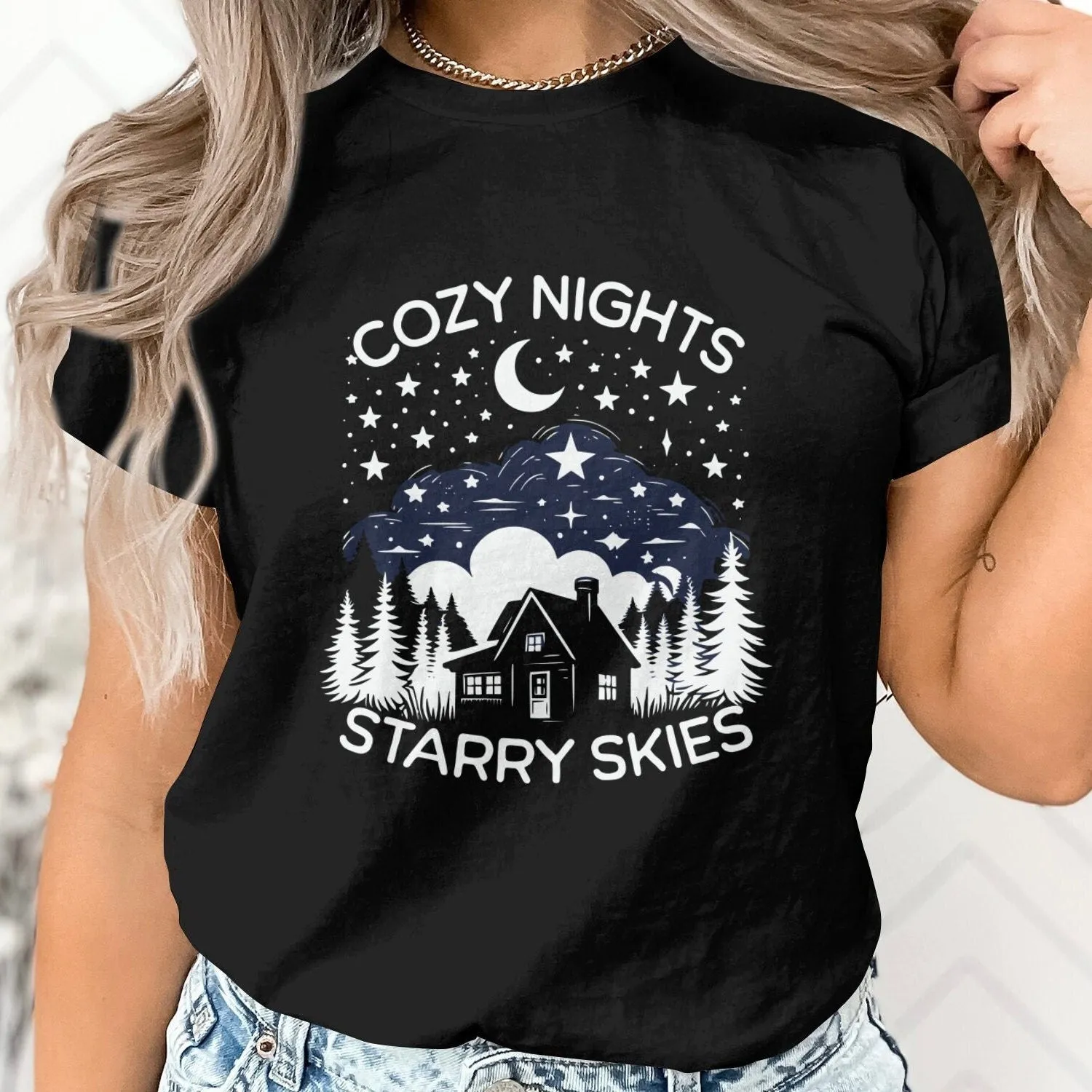 Cozy Nights Starry Skies Graphic Tee, Mountain Cabin Nature T-Shirt, Camping Lover Gift, Unisex Casual Clothing, Outdoor Adventure Top