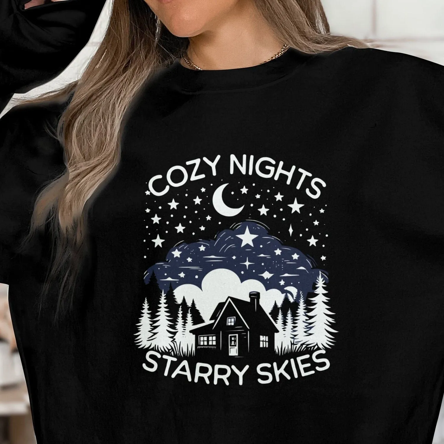 Cozy Nights Starry Skies Graphic Tee, Mountain Cabin Nature T-Shirt, Camping Lover Gift, Unisex Casual Clothing, Outdoor Adventure Top