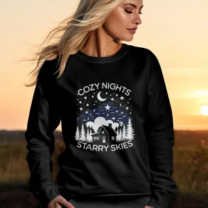 Cozy Nights Starry Skies Graphic Tee, Mountain Cabin Nature T-Shirt, Camping Lover Gift, Unisex Casual Clothing, Outdoor Adventure Top