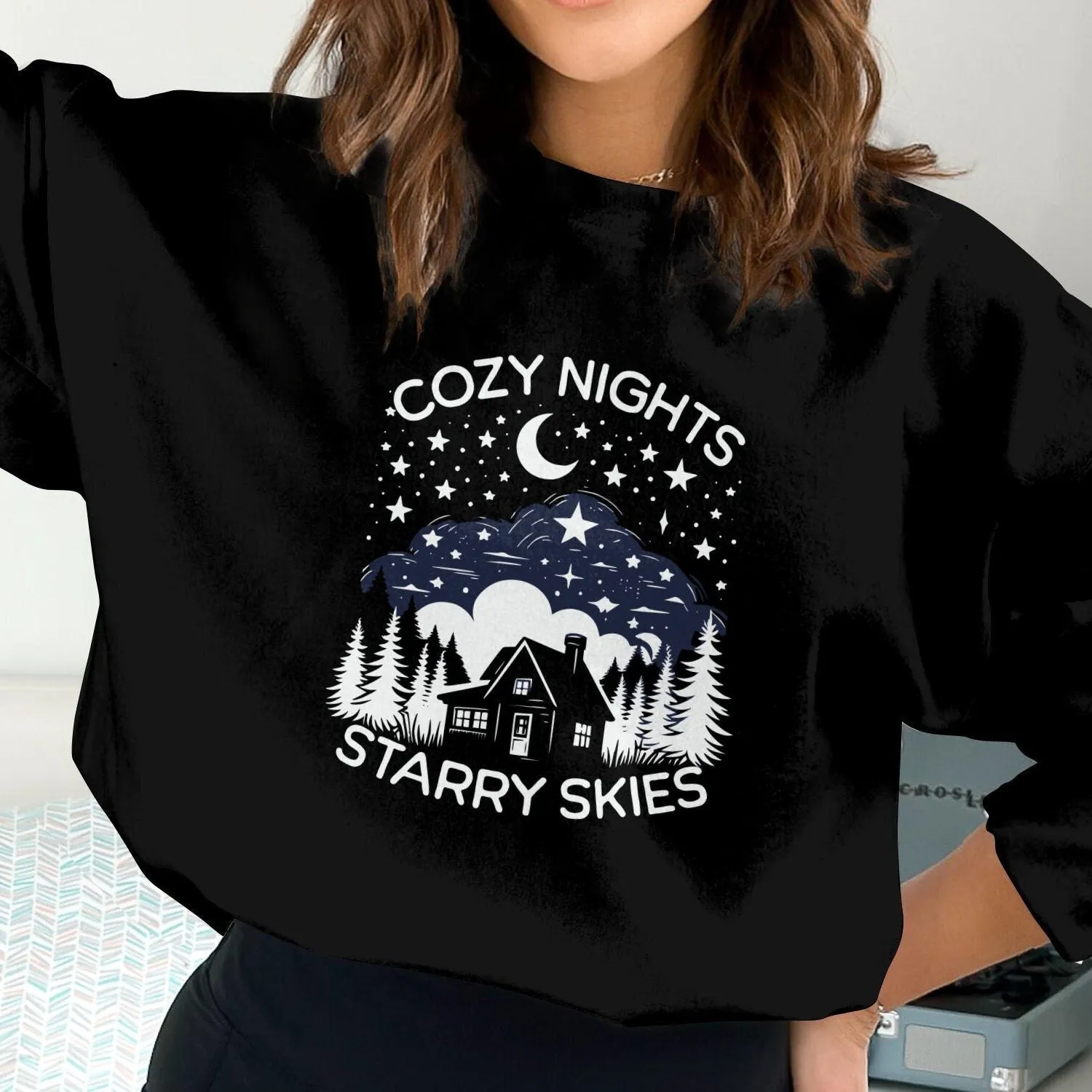 Cozy Nights Starry Skies Graphic Tee, Mountain Cabin Nature T-Shirt, Camping Lover Gift, Unisex Casual Clothing, Outdoor Adventure Top