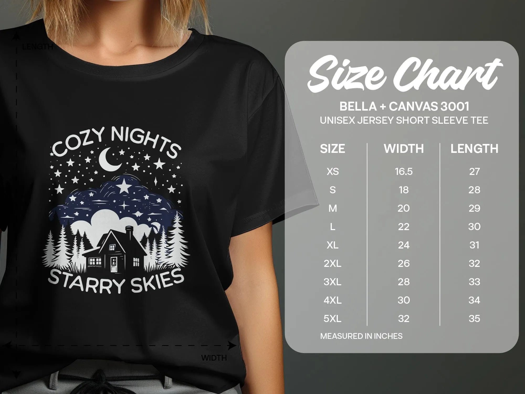 Cozy Nights Starry Skies Graphic Tee, Mountain Cabin Nature T-Shirt, Camping Lover Gift, Unisex Casual Clothing, Outdoor Adventure Top