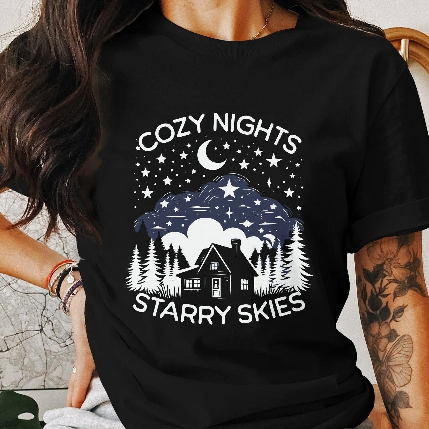 Cozy Nights Starry Skies Graphic Tee, Mountain Cabin Nature T-Shirt, Camping Lover Gift, Unisex Casual Clothing, Outdoor Adventure Top