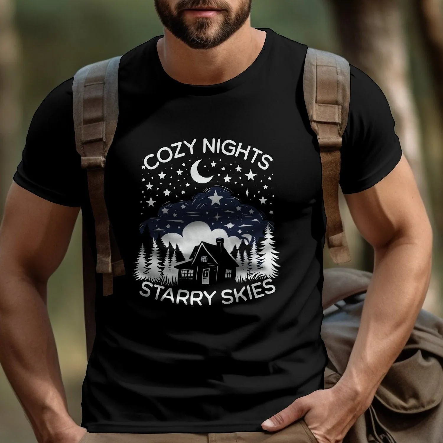 Cozy Nights Starry Skies Graphic Tee, Mountain Cabin Nature T-Shirt, Camping Lover Gift, Unisex Casual Clothing, Outdoor Adventure Top