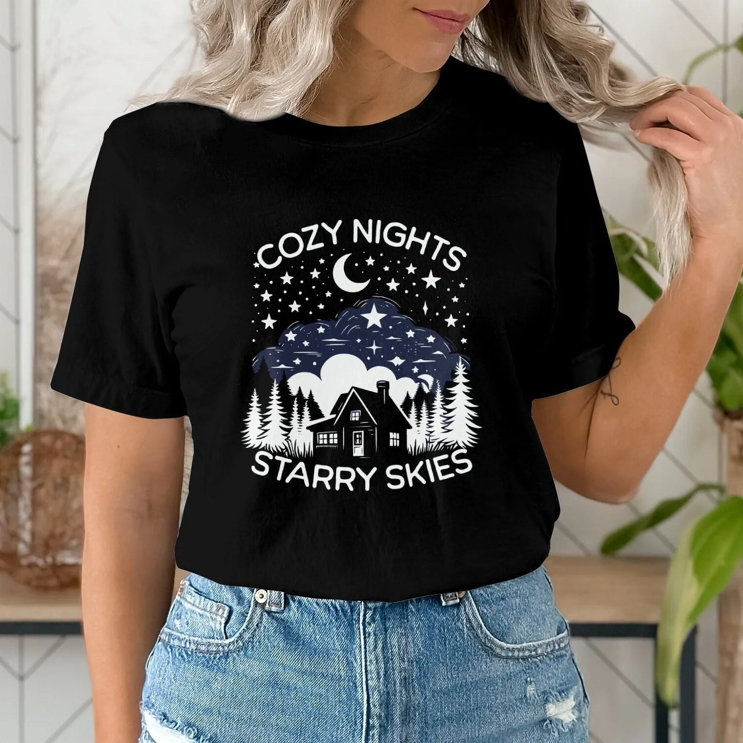 Cozy Nights Starry Skies Graphic Tee, Mountain Cabin Nature T-Shirt, Camping Lover Gift, Unisex Casual Clothing, Outdoor Adventure Top