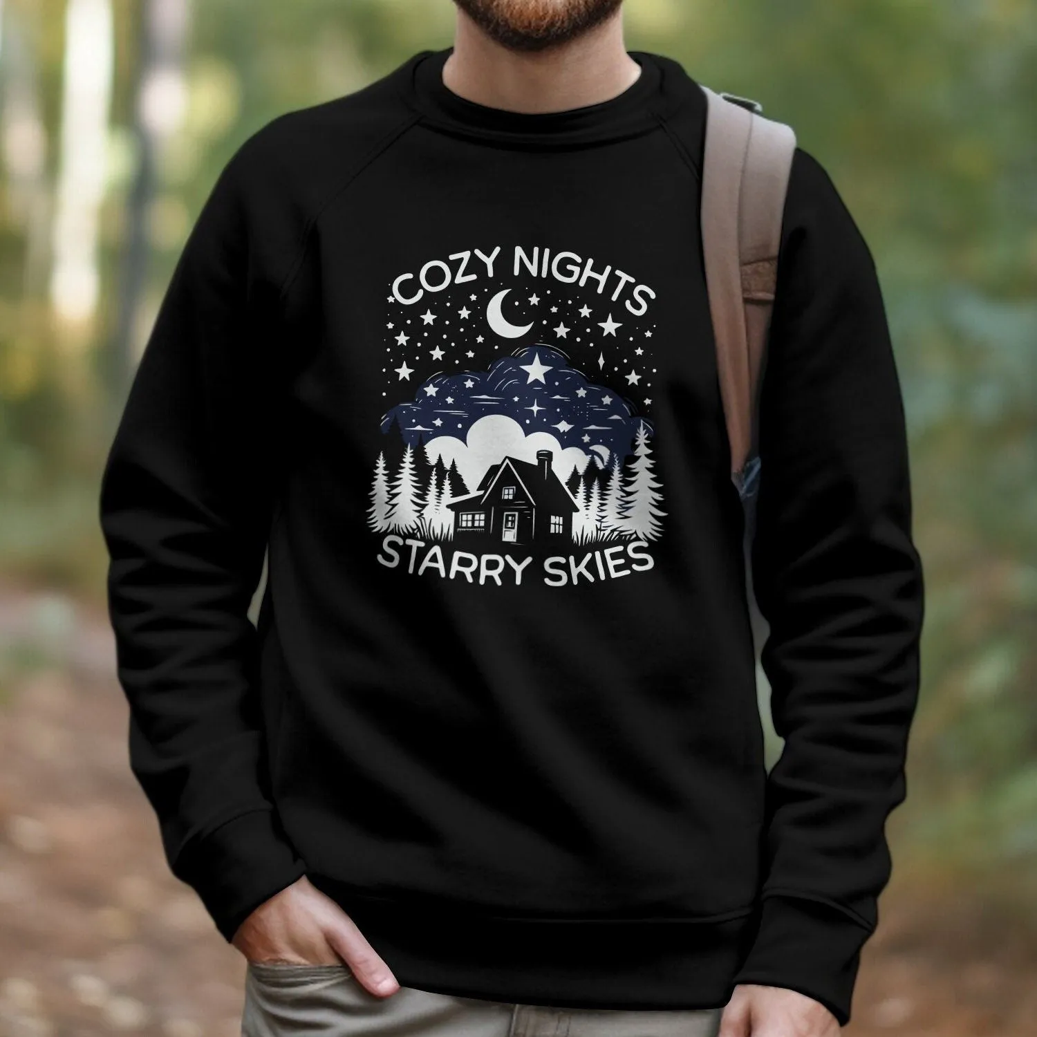 Cozy Nights Starry Skies Graphic Tee, Mountain Cabin Nature T-Shirt, Camping Lover Gift, Unisex Casual Clothing, Outdoor Adventure Top