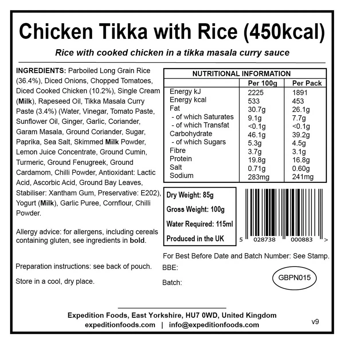 Expedition Foods Freeze-Dried Meal Chicken Tikka with Rice 450kcal