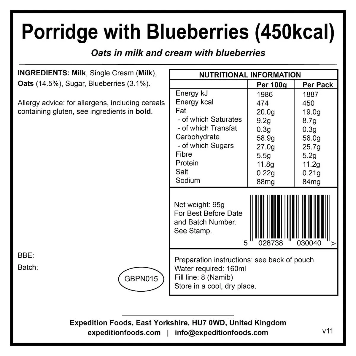 Expedition Foods Freeze-Dried Meal Porridge with Blueberries 450kcal