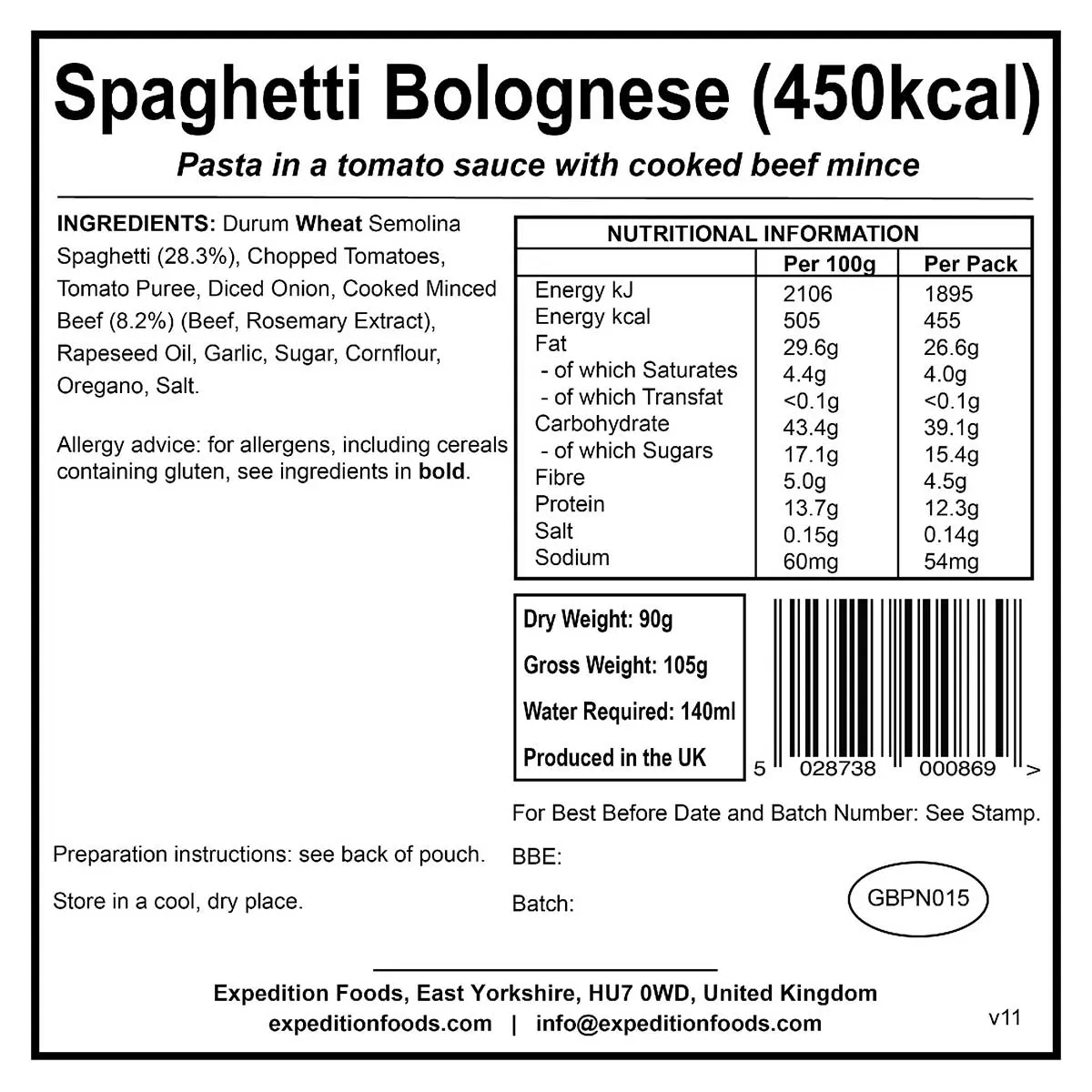 Expedition Foods Freeze-Dried Meal Spaghetti Bolognese 450kcal