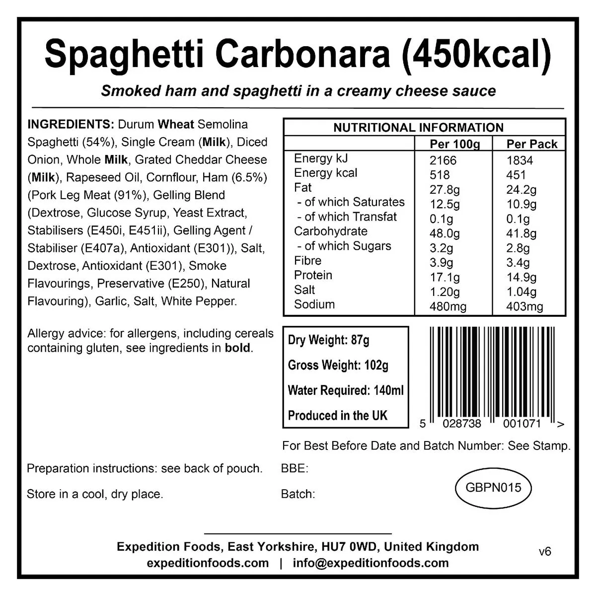 Expedition Foods Freeze-Dried Meal Spaghetti Carbonara 450kcal