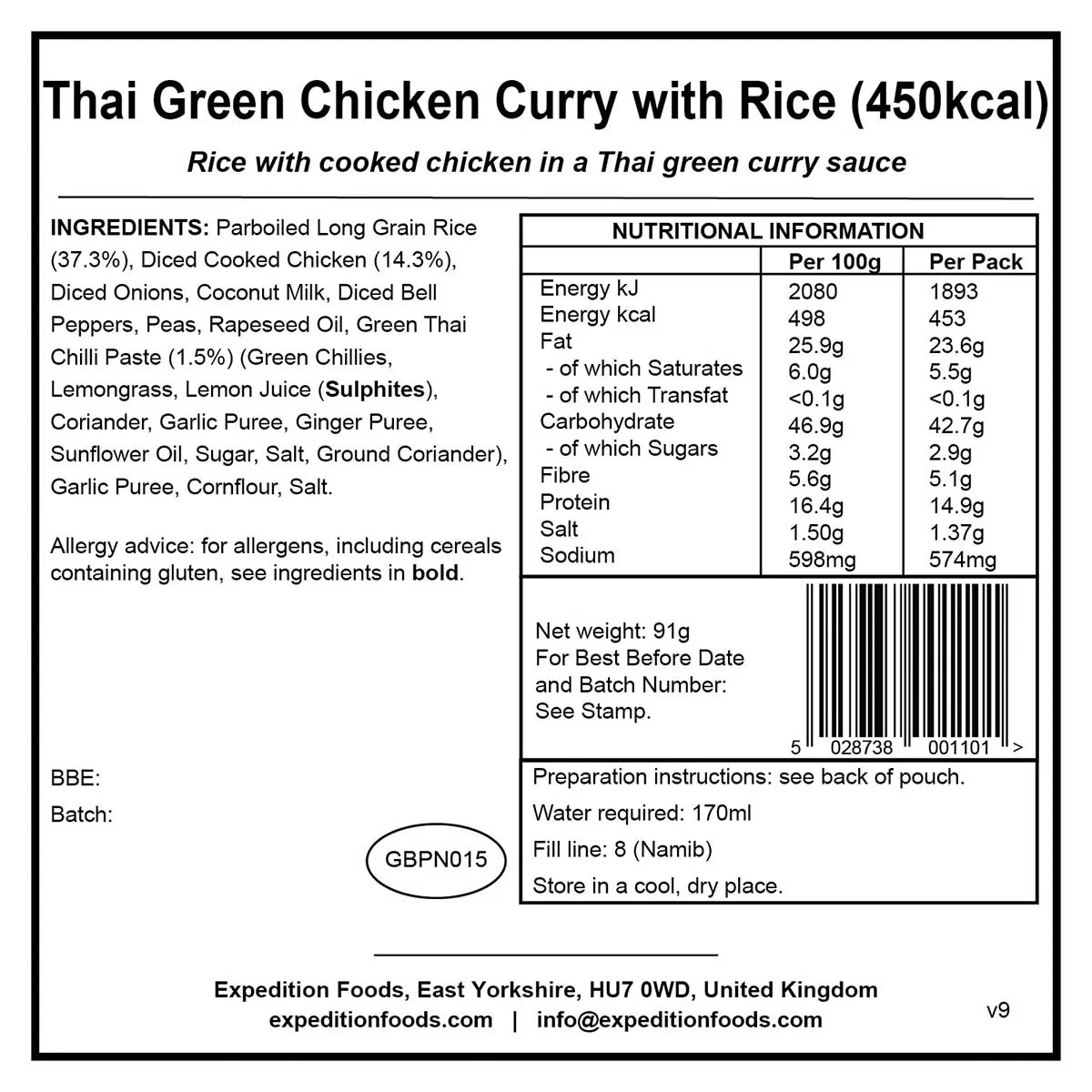 Expedition Foods Freeze-Dried Meal Thai Green Chicken Curry with Rice 450kcal