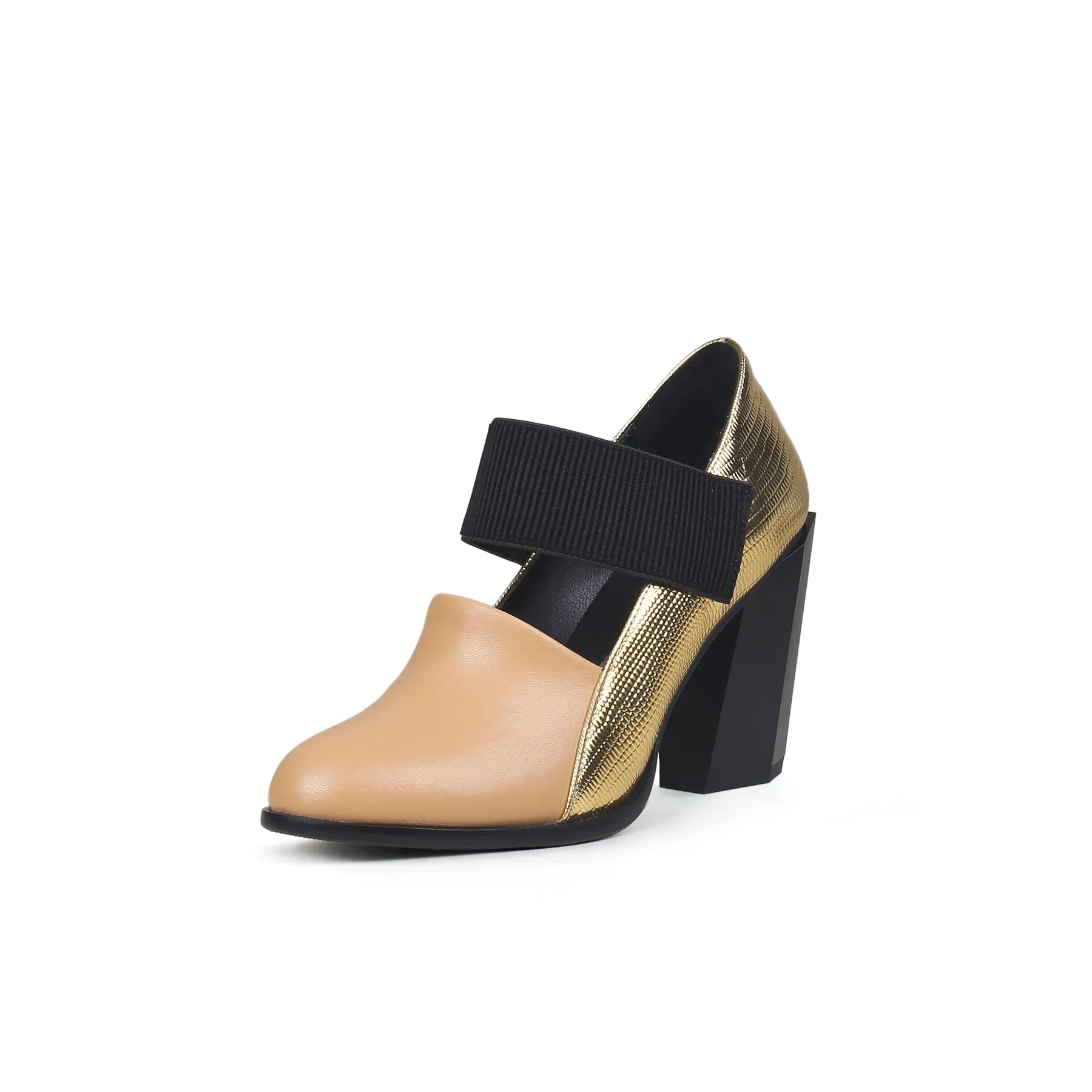 Gold Tone Apricot Block Heel Pumps