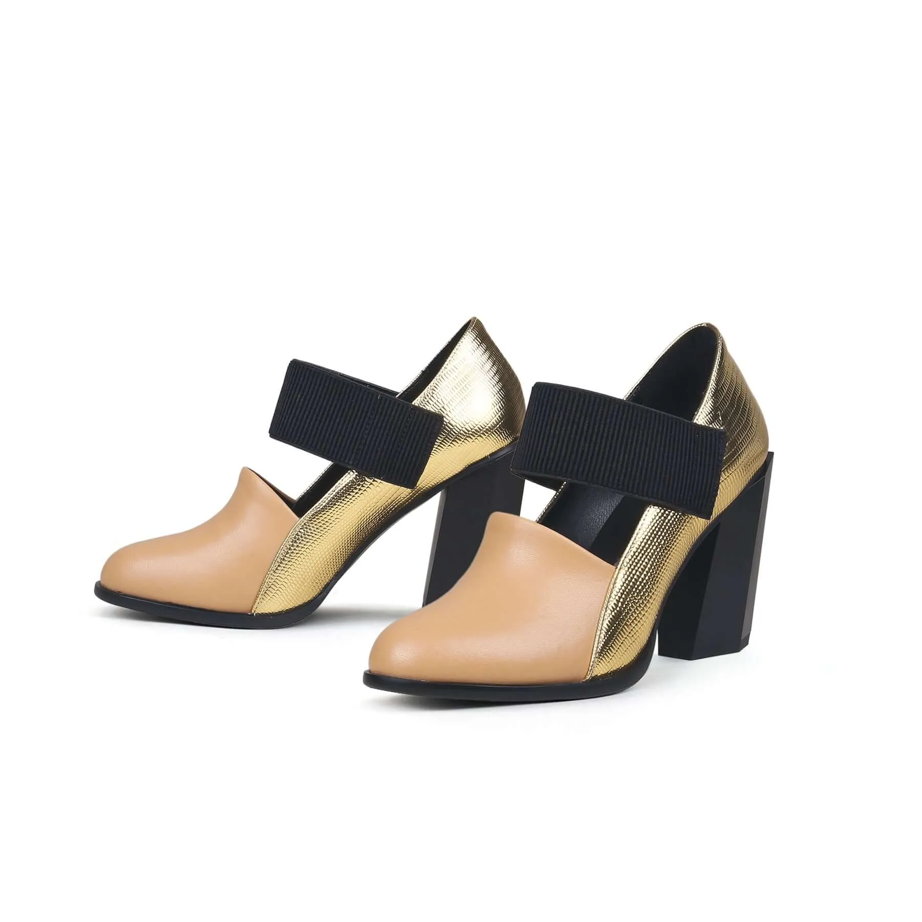 Gold Tone Apricot Block Heel Pumps