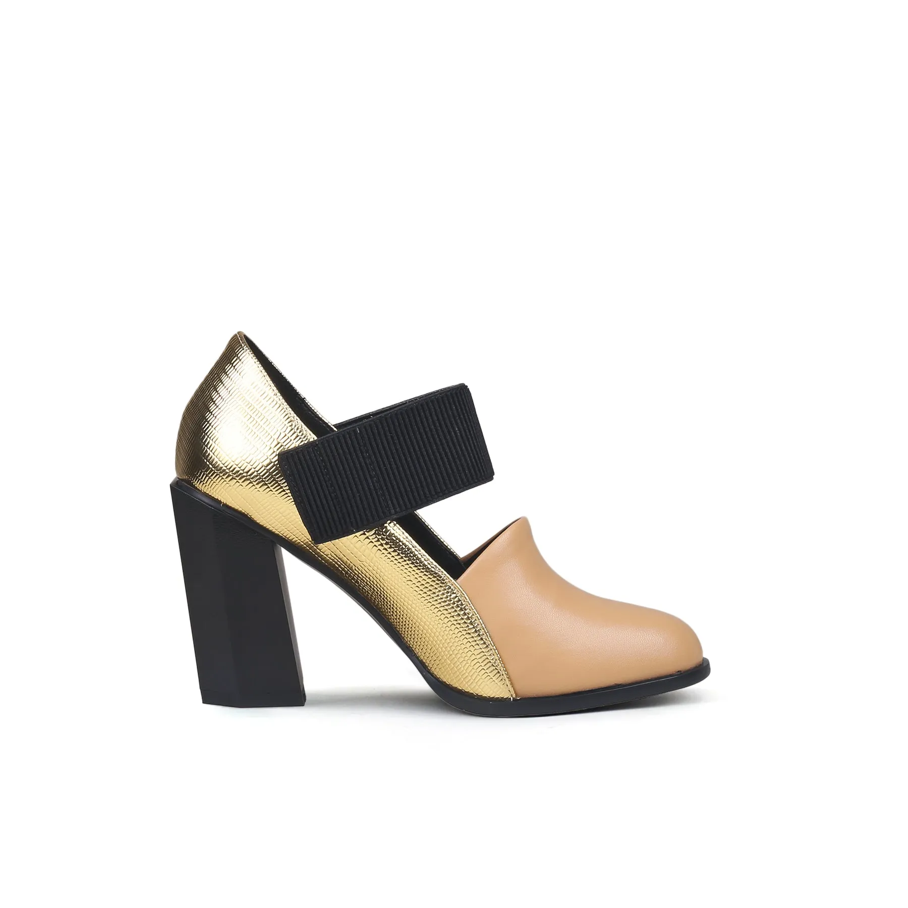 Gold Tone Apricot Block Heel Pumps