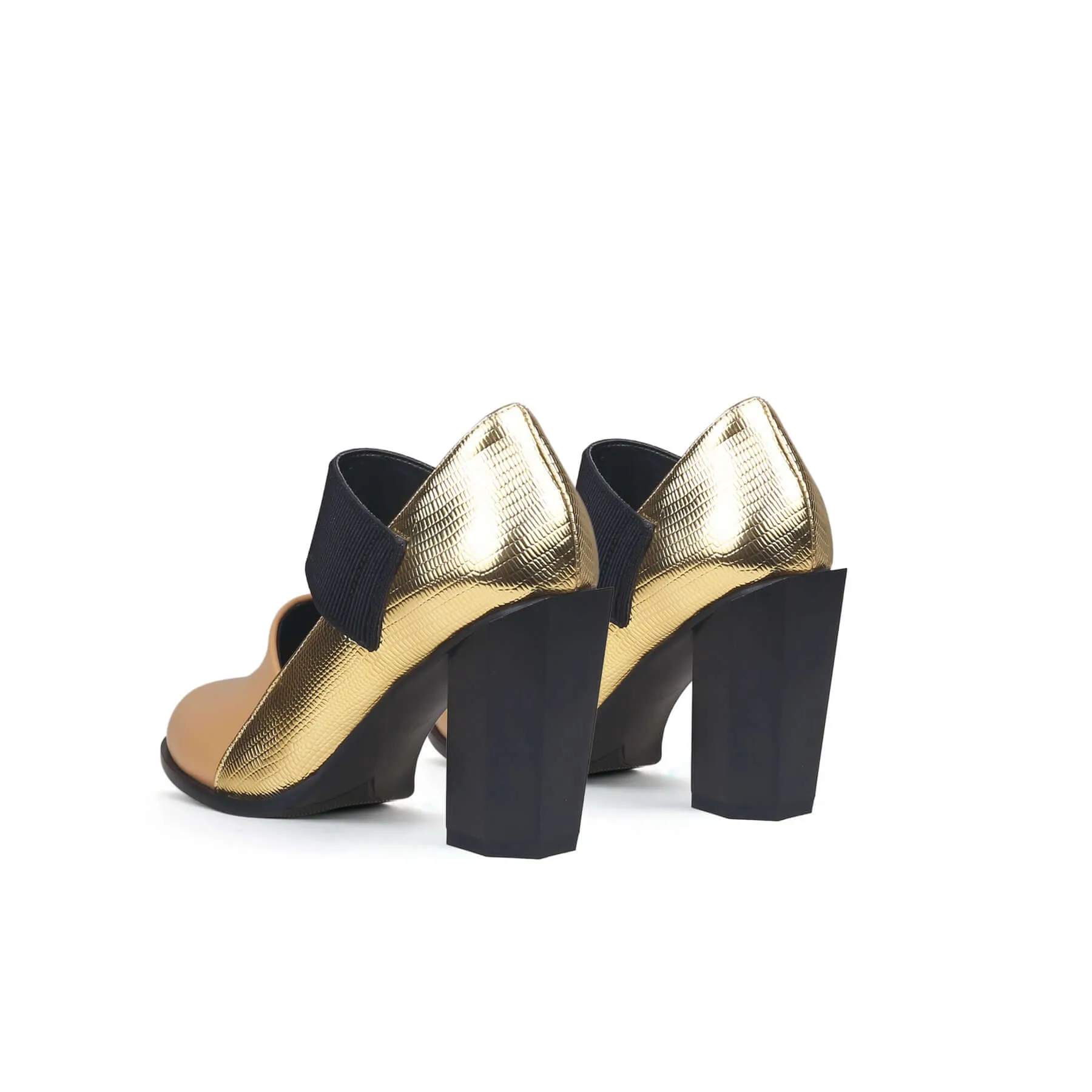 Gold Tone Apricot Block Heel Pumps