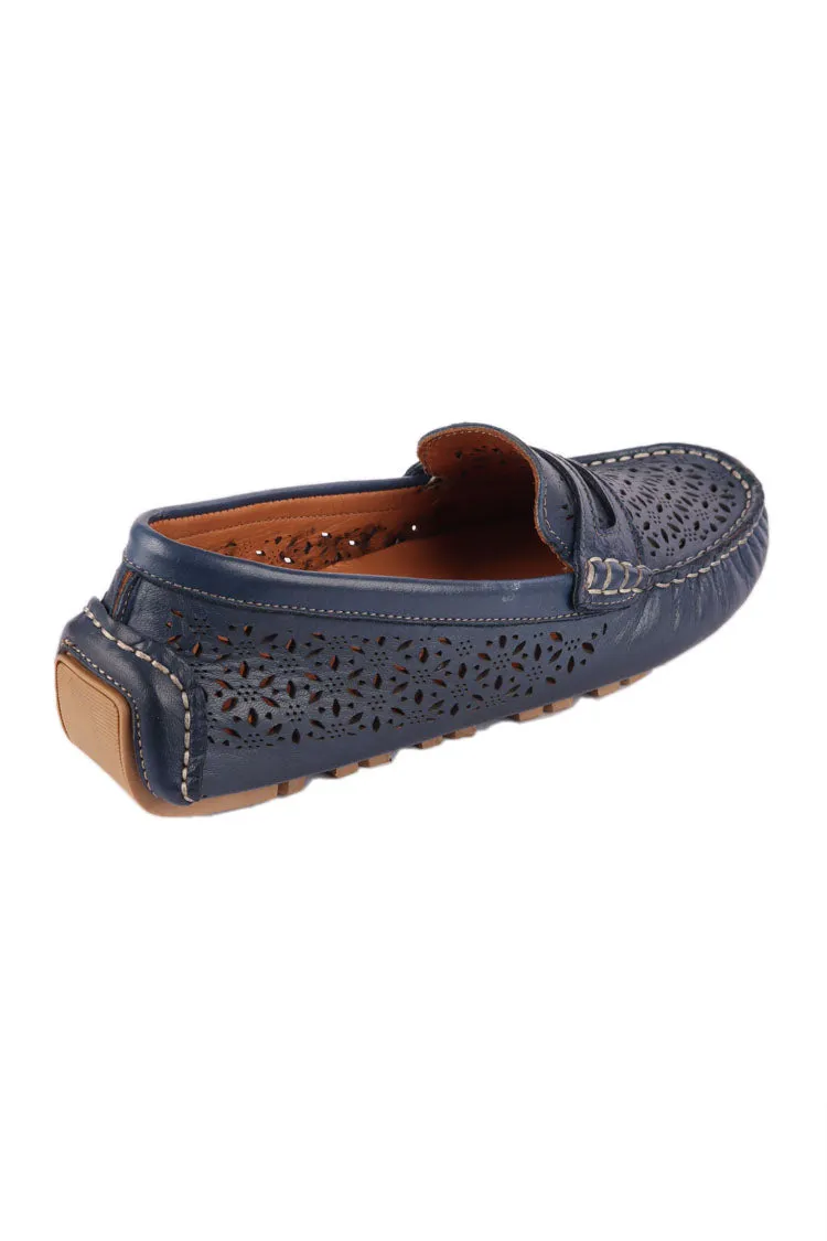 Mimi Laser-cut Leather Loafers in Navy