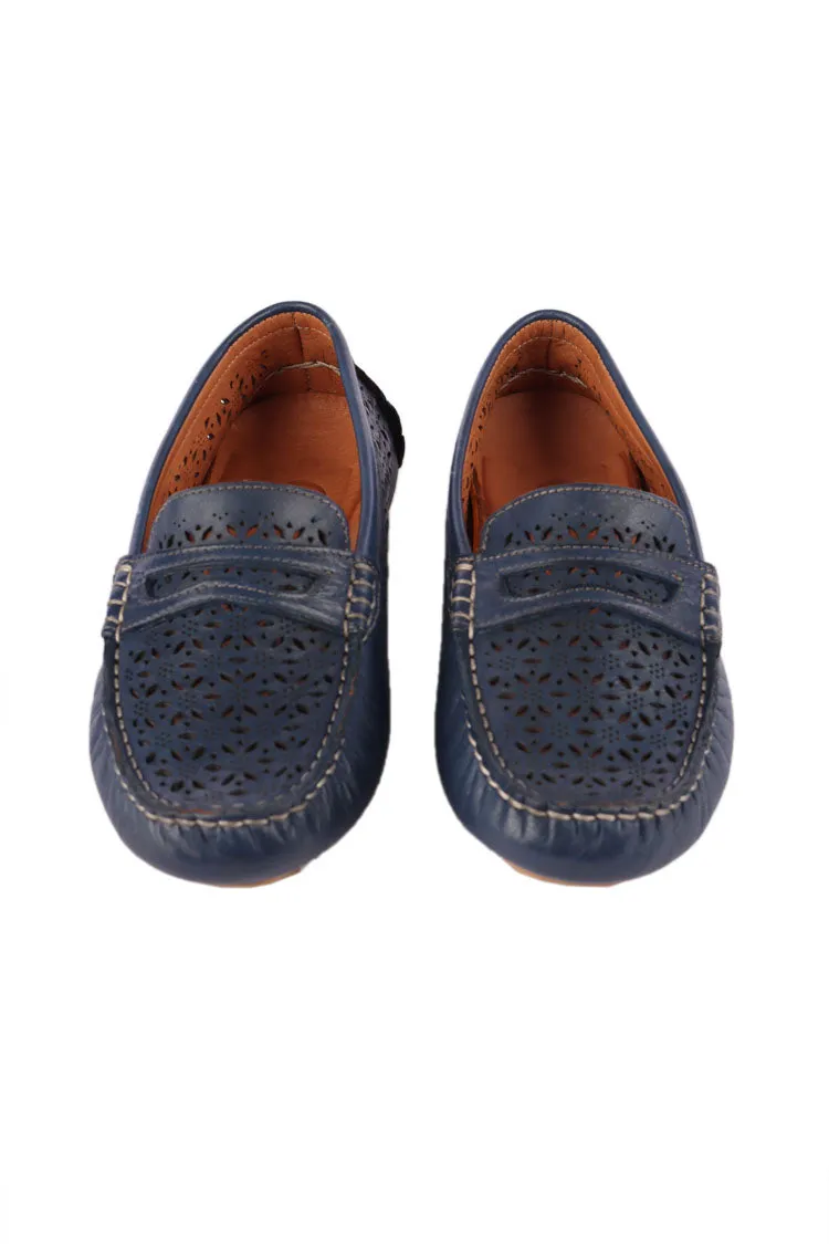 Mimi Laser-cut Leather Loafers in Navy