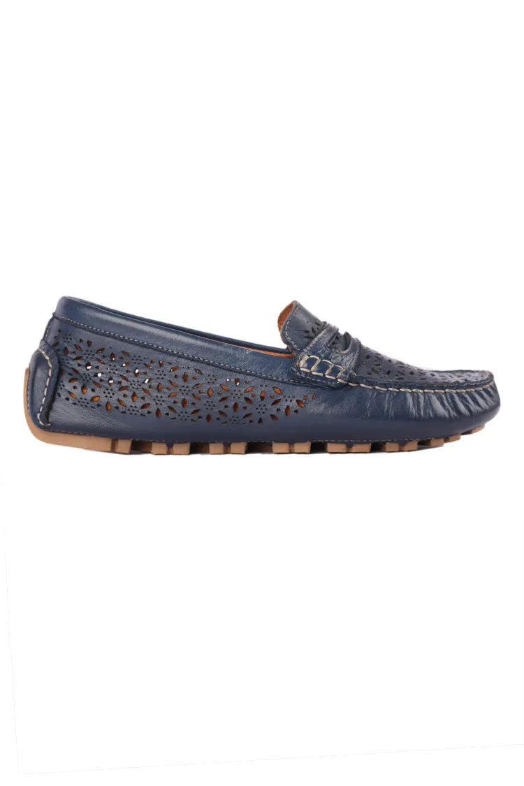 Mimi Laser-cut Leather Loafers in Navy