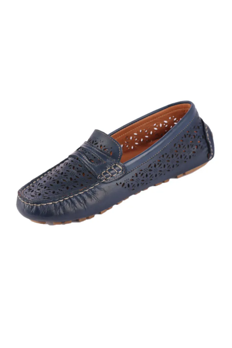 Mimi Laser-cut Leather Loafers in Navy