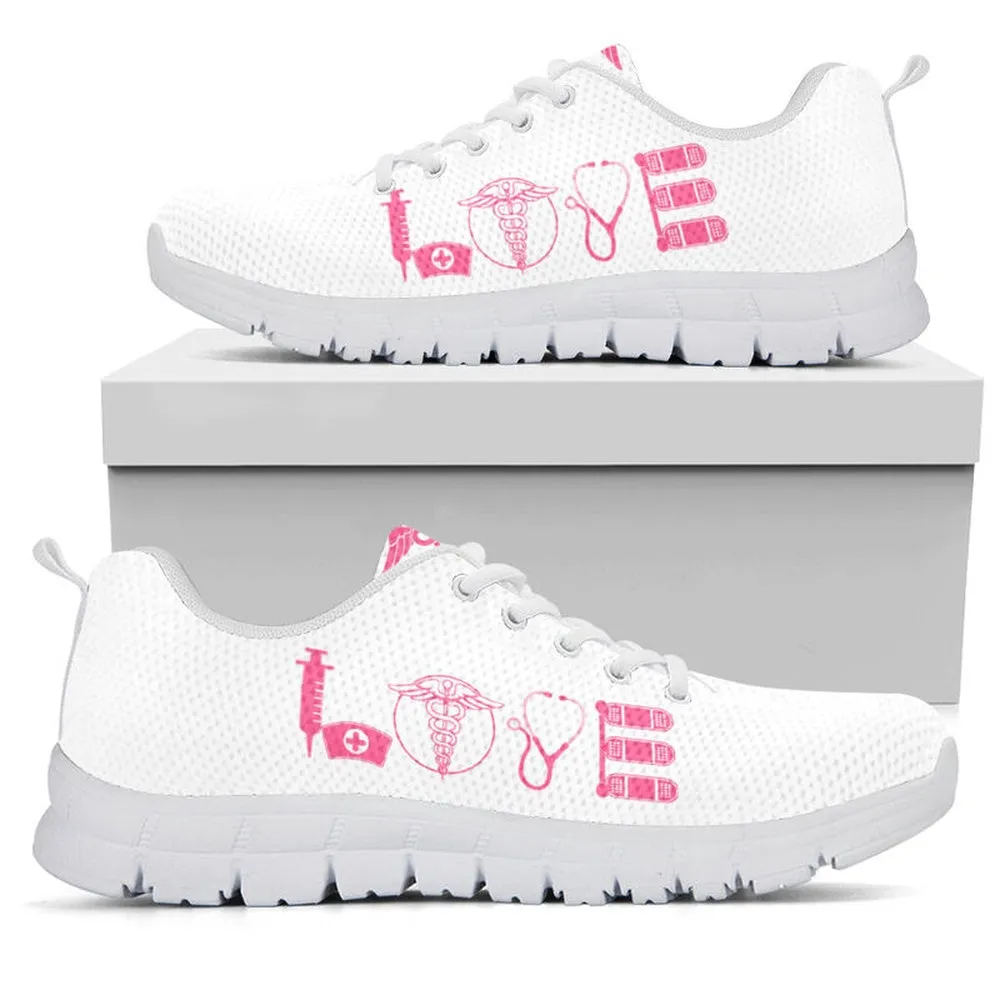 Nurse Sneaker, Nurse Love Pink White Sneakers Shoes, Best Shoes For Nurses