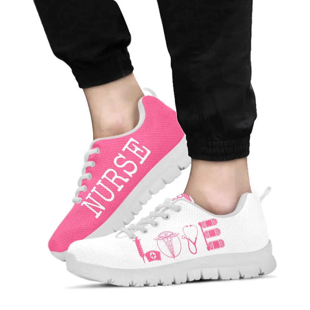 Nurse Sneaker, Nurse Love Pink White Sneakers Shoes, Best Shoes For Nurses