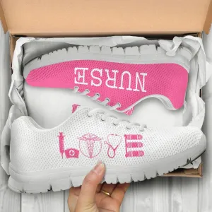 Nurse Sneaker, Nurse Love Pink White Sneakers Shoes, Best Shoes For Nurses