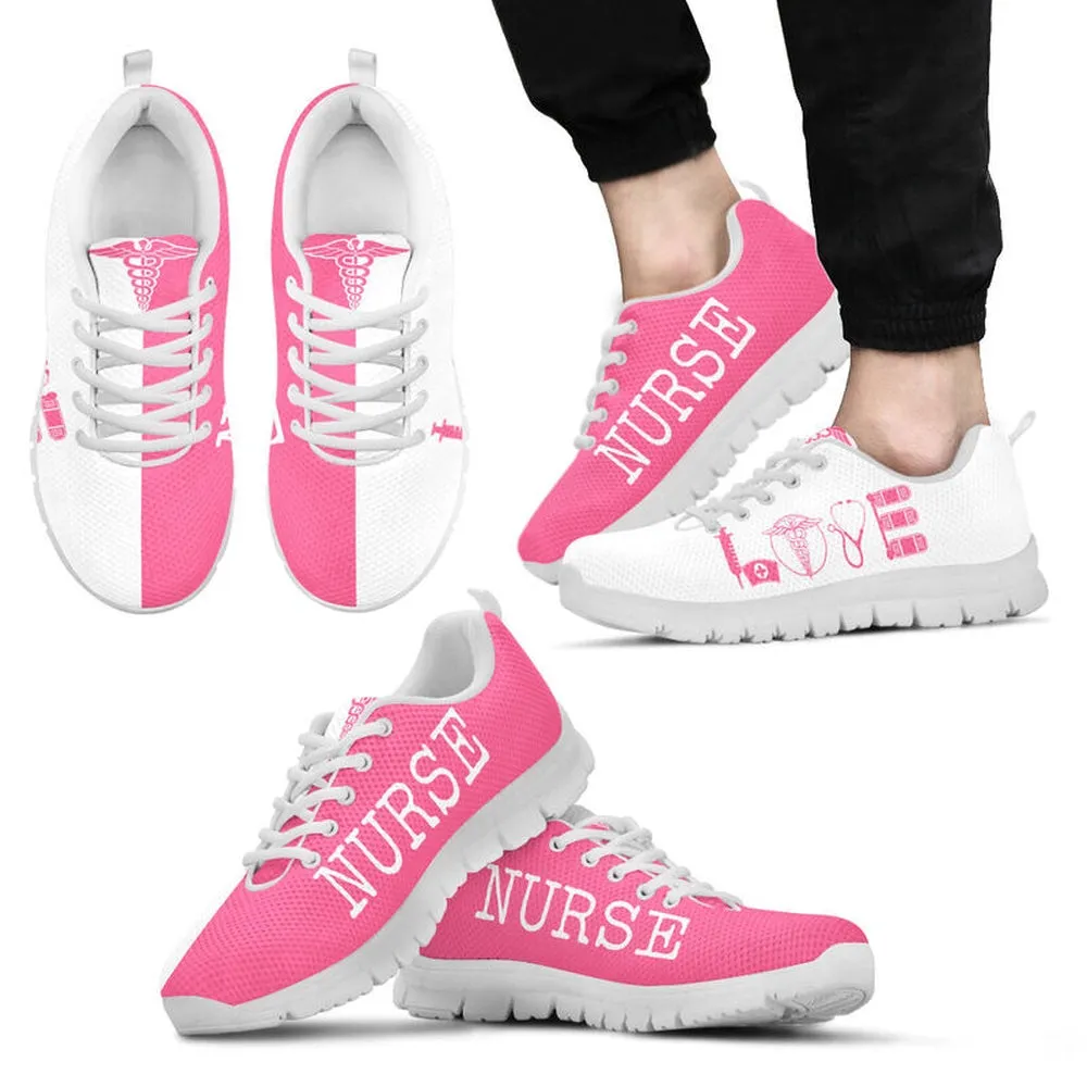 Nurse Sneaker, Nurse Love Pink White Sneakers Shoes, Best Shoes For Nurses