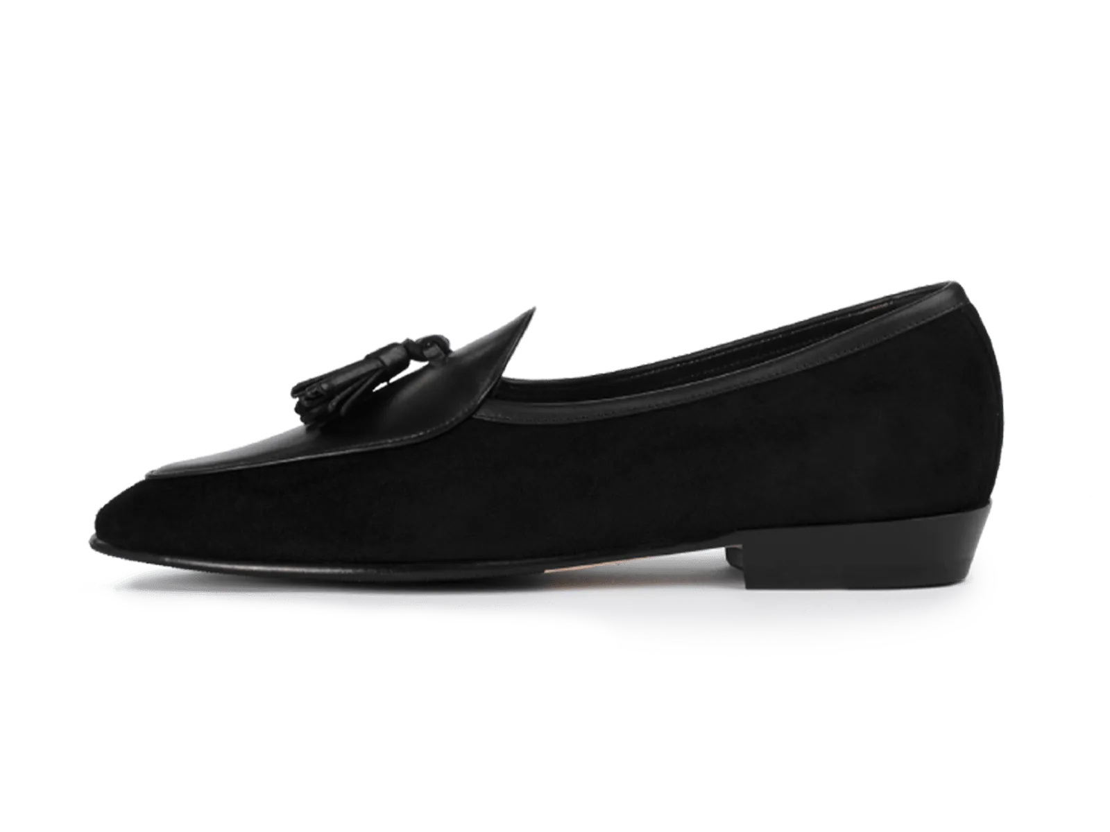 Sagan Classic Tassel Loafers in Obsidian Black Suede and Black Drape Calf with Rubber Grip