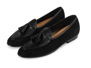 Sagan Classic Tassel Loafers in Obsidian Black Suede and Black Drape Calf with Rubber Grip