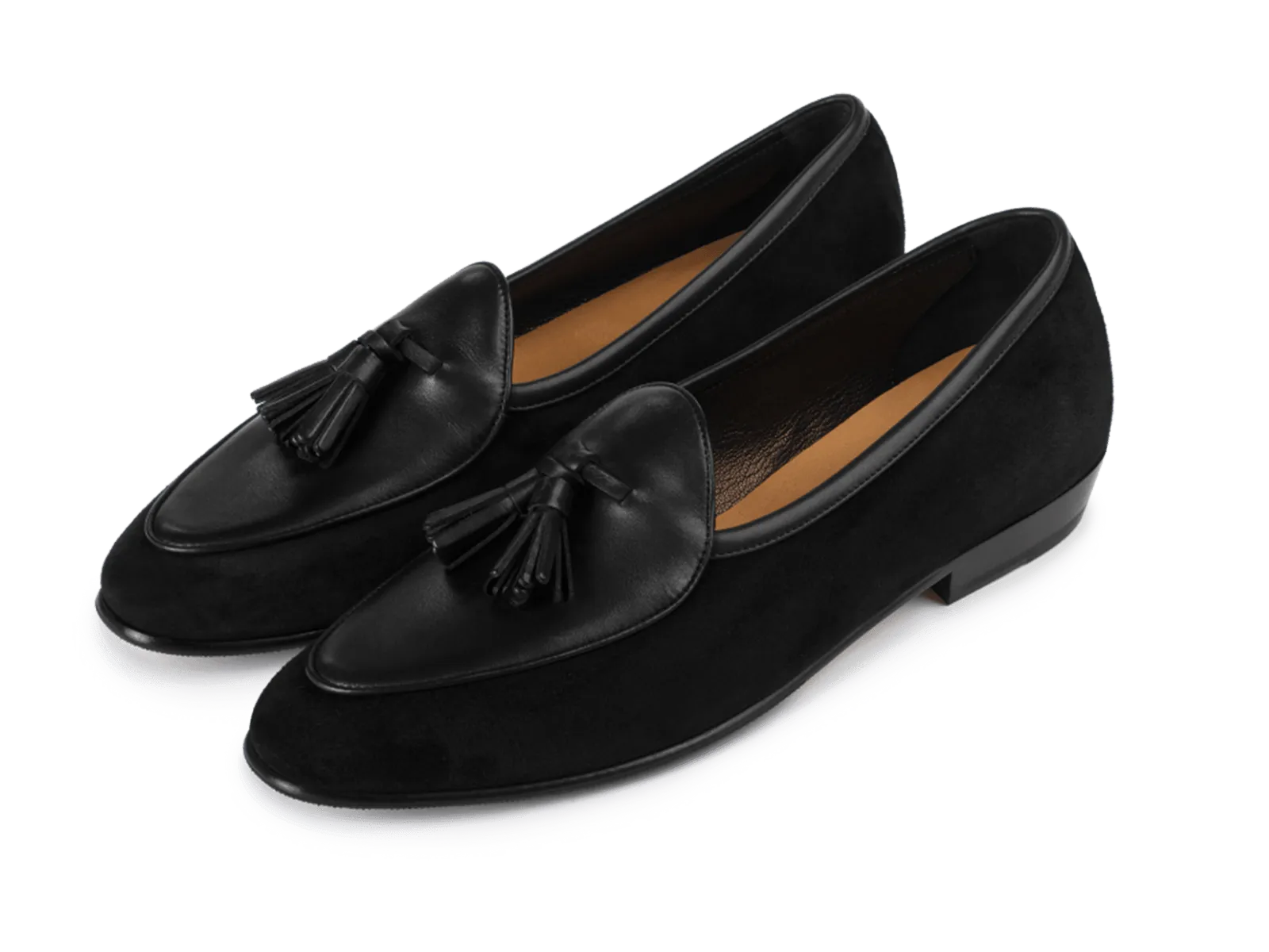 Sagan Classic Tassel Loafers in Obsidian Black Suede and Black Drape Calf with Rubber Grip