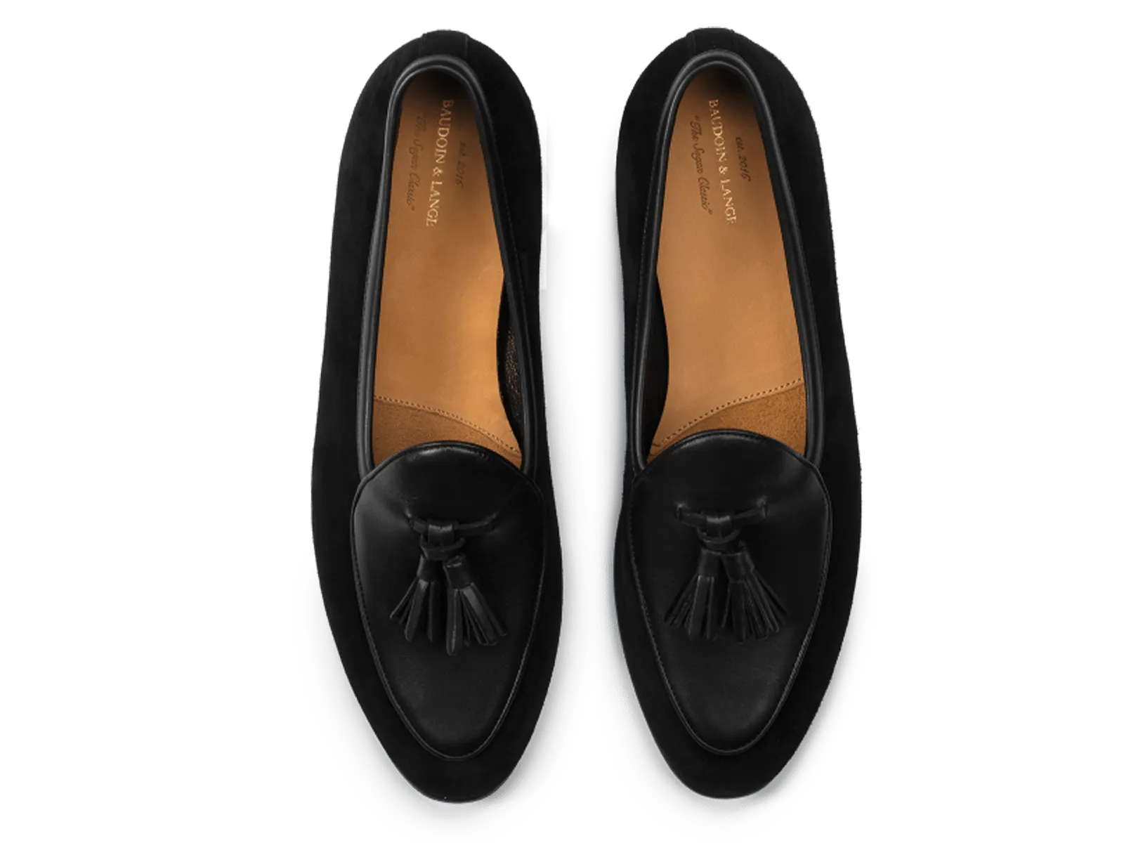 Sagan Classic Tassel Loafers in Obsidian Black Suede and Black Drape Calf with Rubber Grip