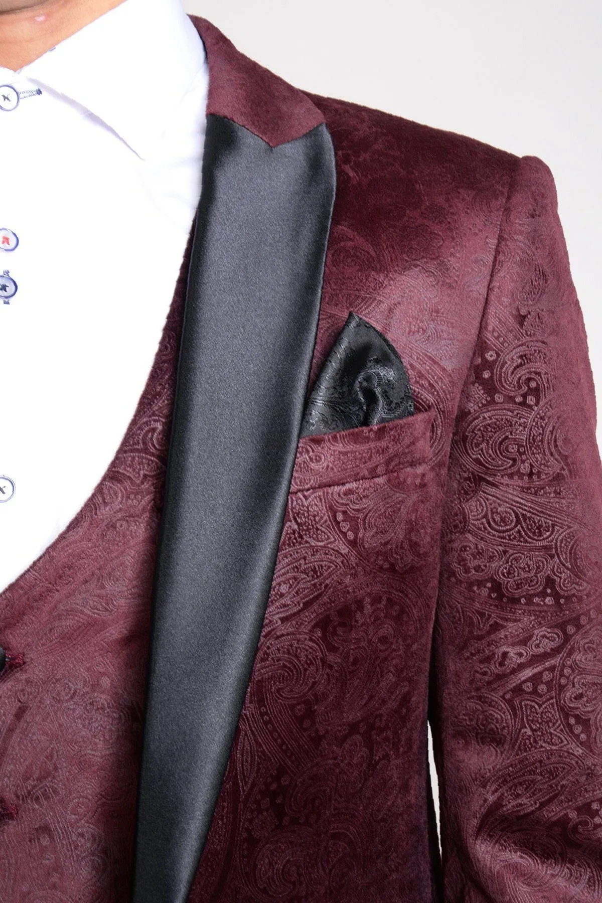 Simon Jacquard Wine Velvet Three Piece Suit :- Velvet Suits